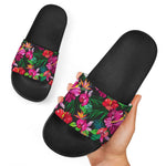 Hawaiian Floral Flowers Pattern Print Black Slide Sandals