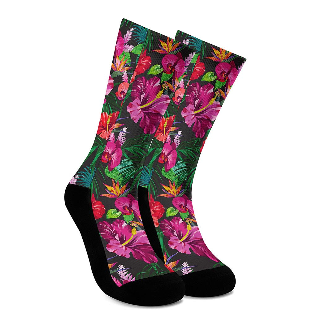 Hawaiian Floral Flowers Pattern Print Crew Socks
