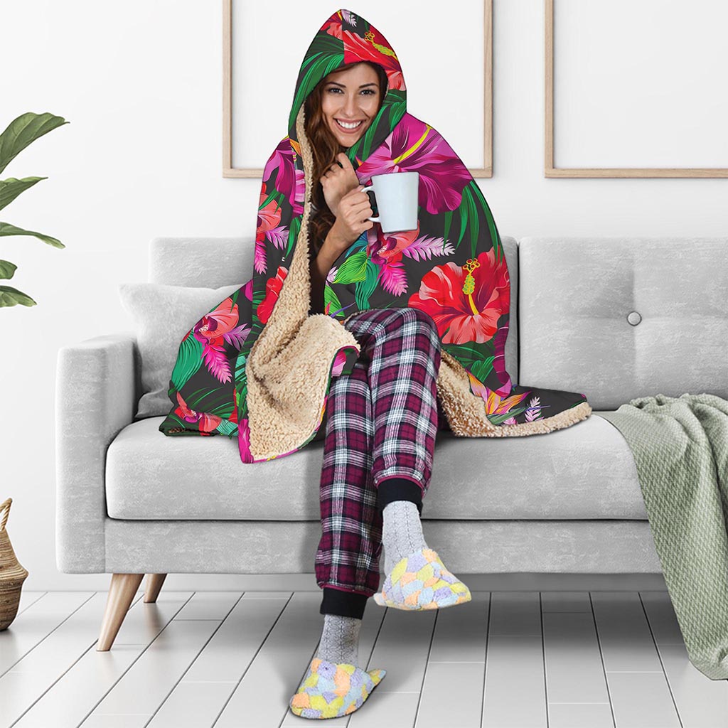 Hawaiian Floral Flowers Pattern Print Hooded Blanket