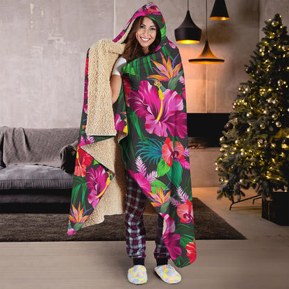 Hawaiian Floral Flowers Pattern Print Hooded Blanket