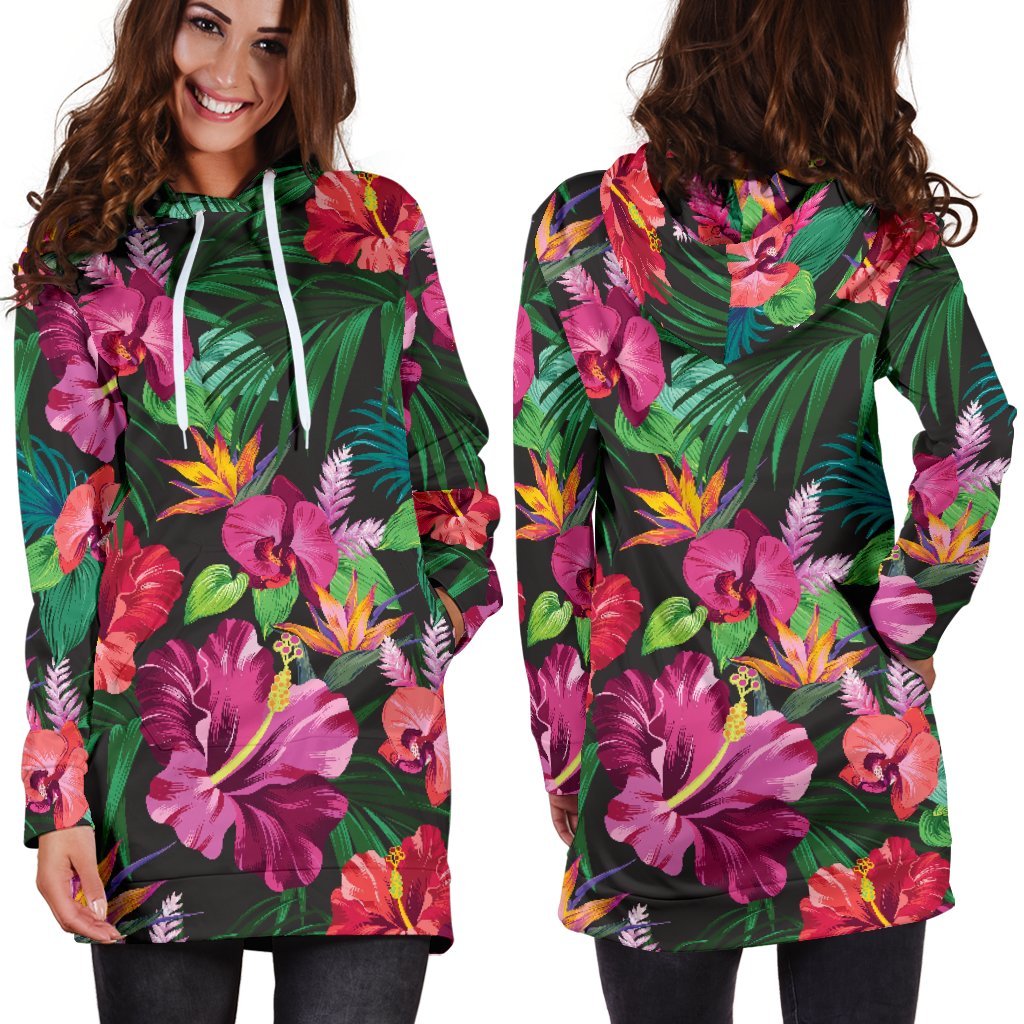 Hawaiian Floral Flowers Pattern Print Hoodie Dress GearFrost