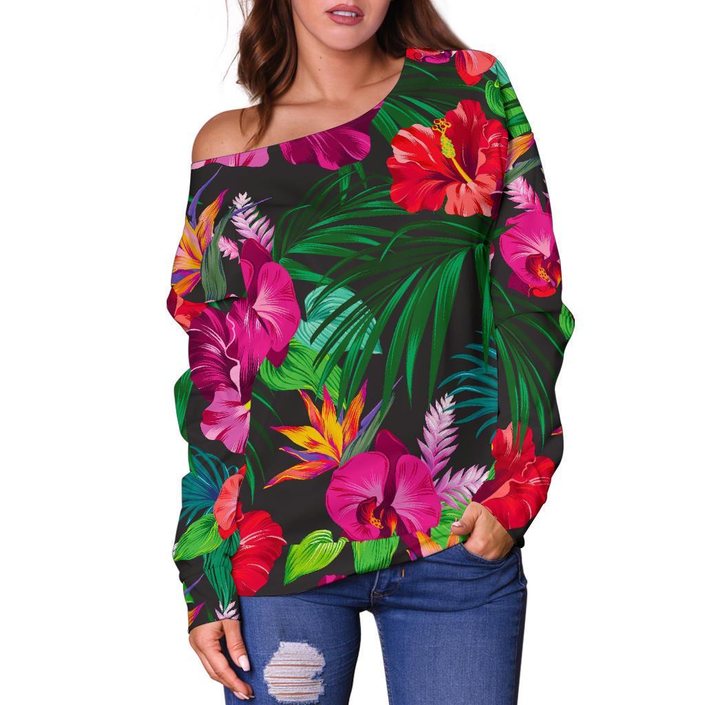 Hawaiian Floral Flowers Pattern Print Off Shoulder Sweatshirt GearFrost