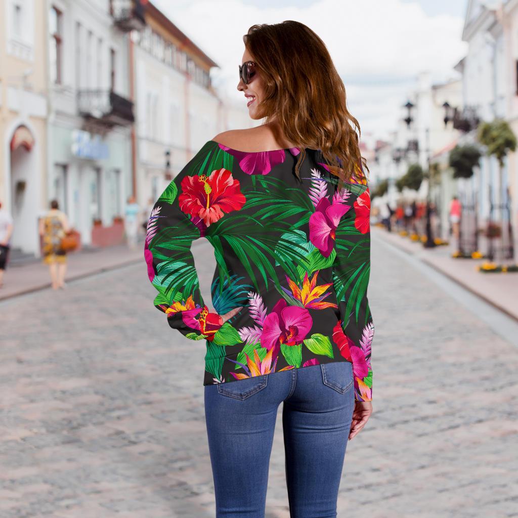 Hawaiian Floral Flowers Pattern Print Off Shoulder Sweatshirt GearFrost