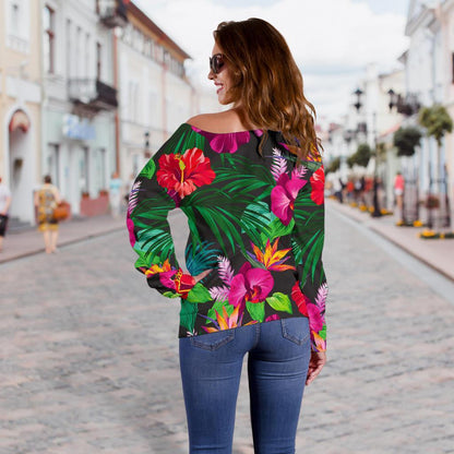 Hawaiian Floral Flowers Pattern Print Off Shoulder Sweatshirt GearFrost