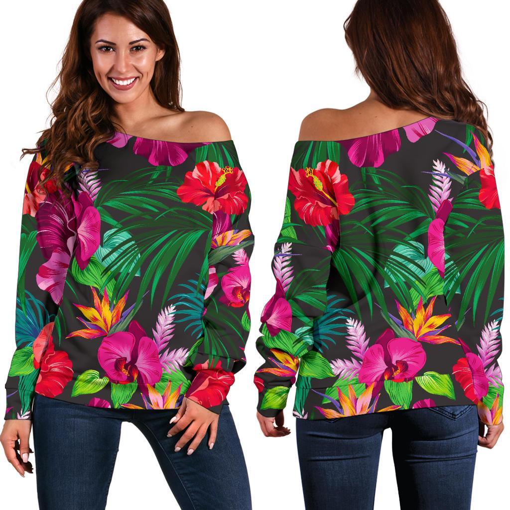 Hawaiian Floral Flowers Pattern Print Off Shoulder Sweatshirt GearFrost