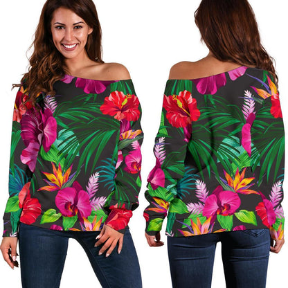 Hawaiian Floral Flowers Pattern Print Off Shoulder Sweatshirt GearFrost