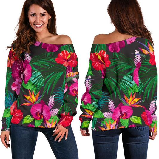 Hawaiian Floral Flowers Pattern Print Off Shoulder Sweatshirt GearFrost