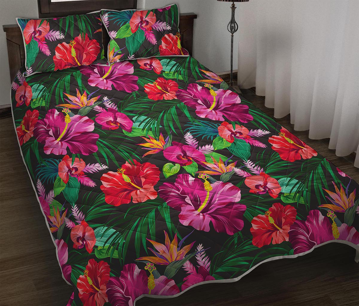 Hawaiian Floral Flowers Pattern Print Quilt Bed Set