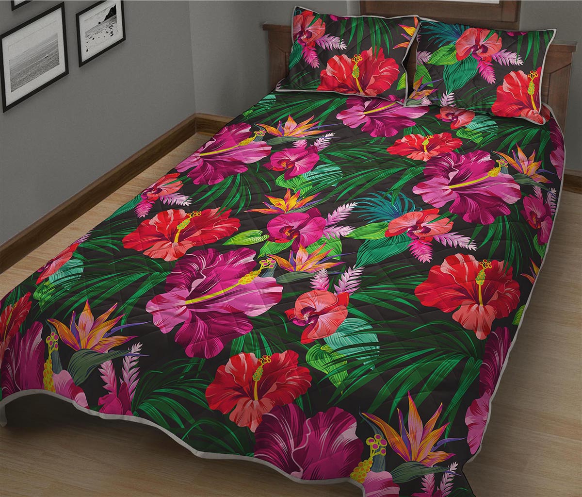 Hawaiian Floral Flowers Pattern Print Quilt Bed Set