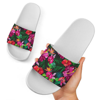 Hawaiian Floral Flowers Pattern Print White Slide Sandals
