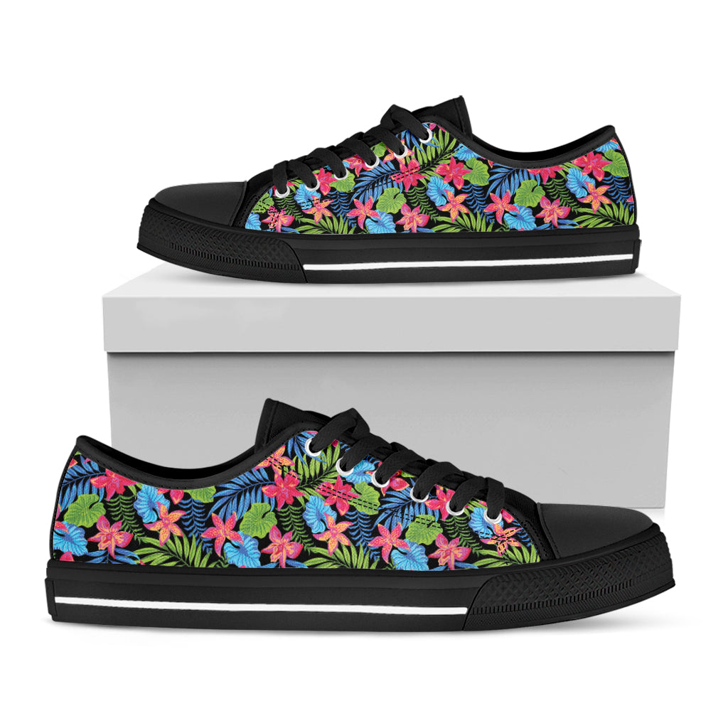 Hawaiian Floral Pattern Print Black Low Top Shoes