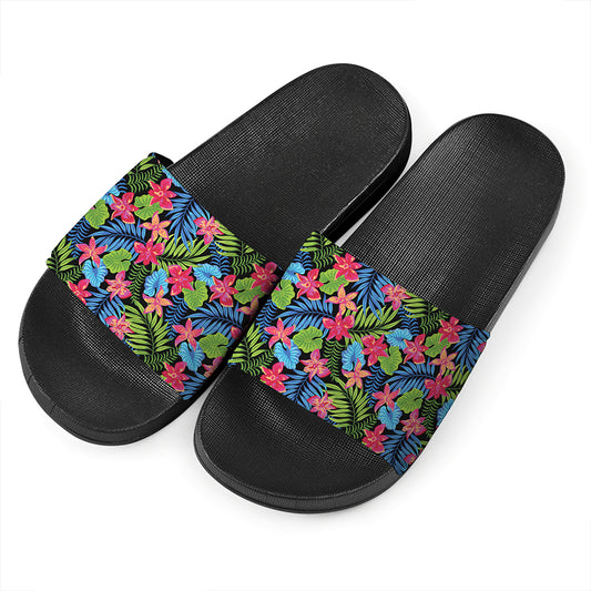 Hawaiian Floral Pattern Print Black Slide Sandals