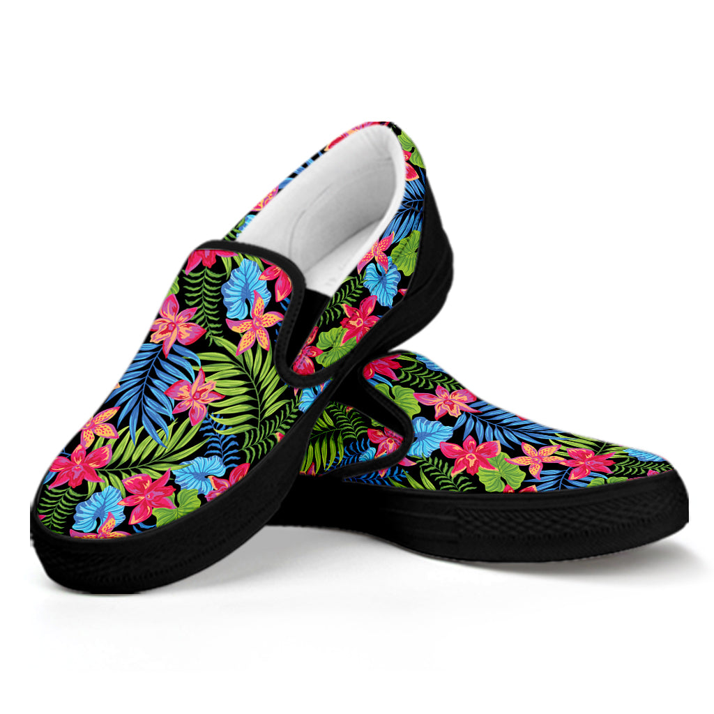 Hawaiian Floral Pattern Print Black Slip On Shoes