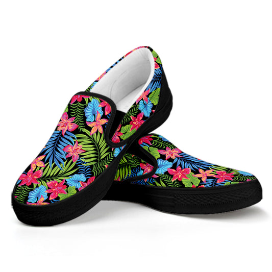Hawaiian Floral Pattern Print Black Slip On Shoes