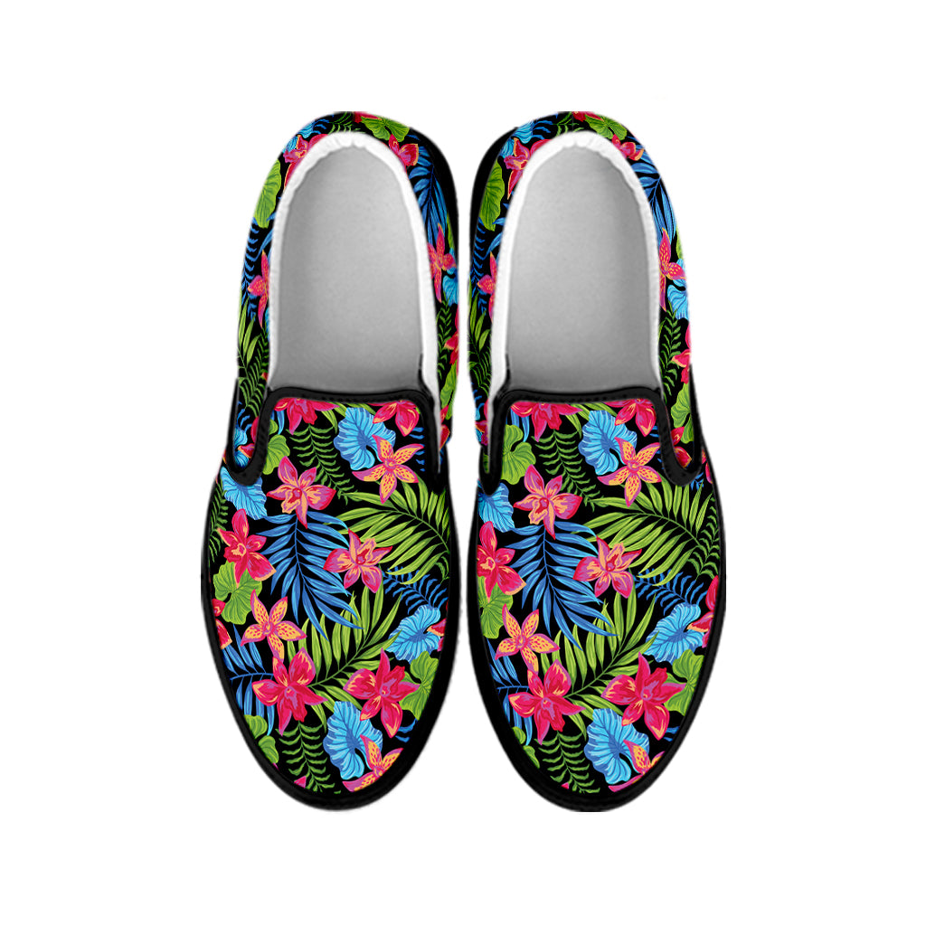 Hawaiian Floral Pattern Print Black Slip On Shoes