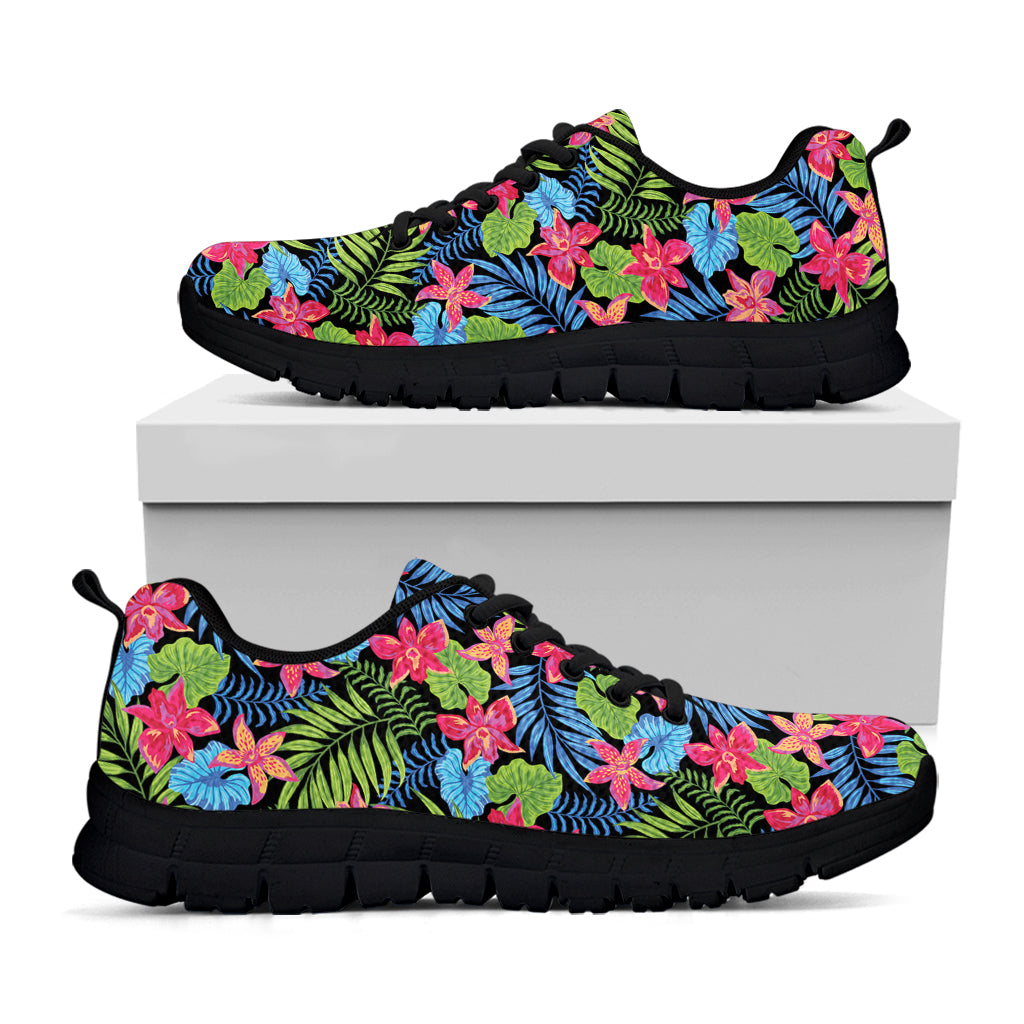 Hawaiian Floral Pattern Print Black Sneakers