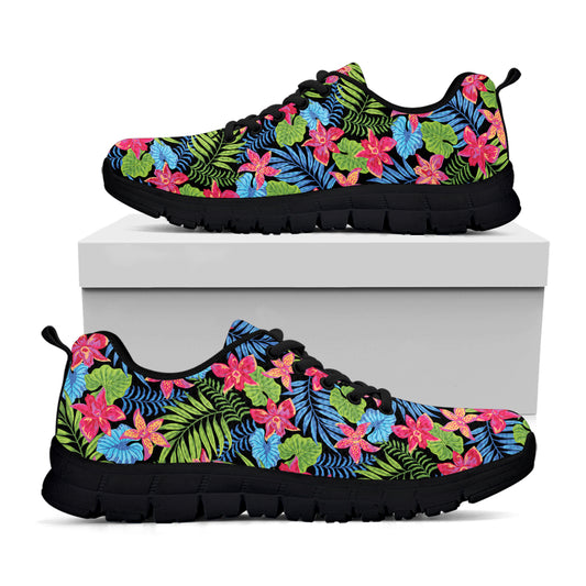 Hawaiian Floral Pattern Print Black Sneakers