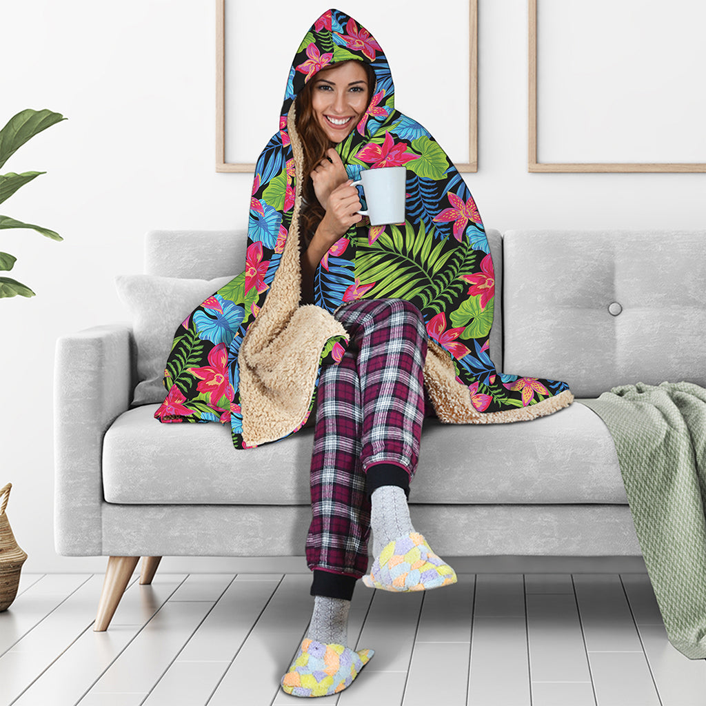 Hawaiian Floral Pattern Print Hooded Blanket