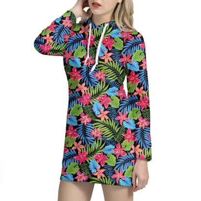 Hawaiian Floral Pattern Print Hoodie Dress