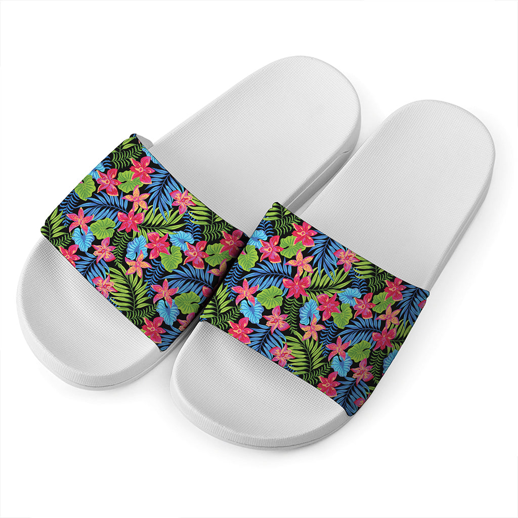 Hawaiian Floral Pattern Print White Slide Sandals