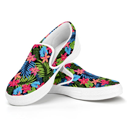 Hawaiian Floral Pattern Print White Slip On Shoes