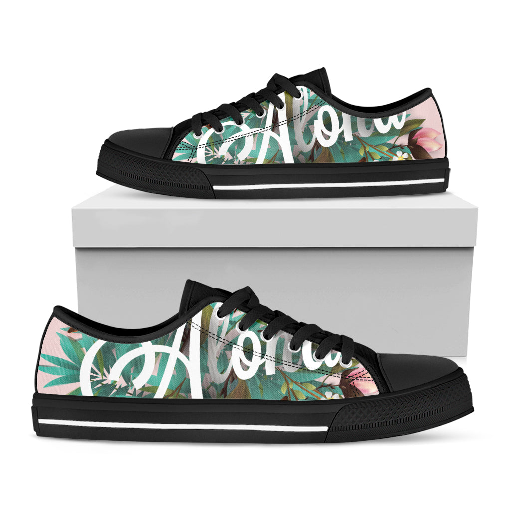 Hawaiian Flower Aloha Print Black Low Top Shoes 