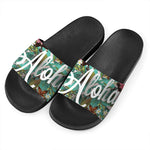 Hawaiian Flower Aloha Print Black Slide Sandals
