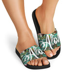 Hawaiian Flower Aloha Print Black Slide Sandals