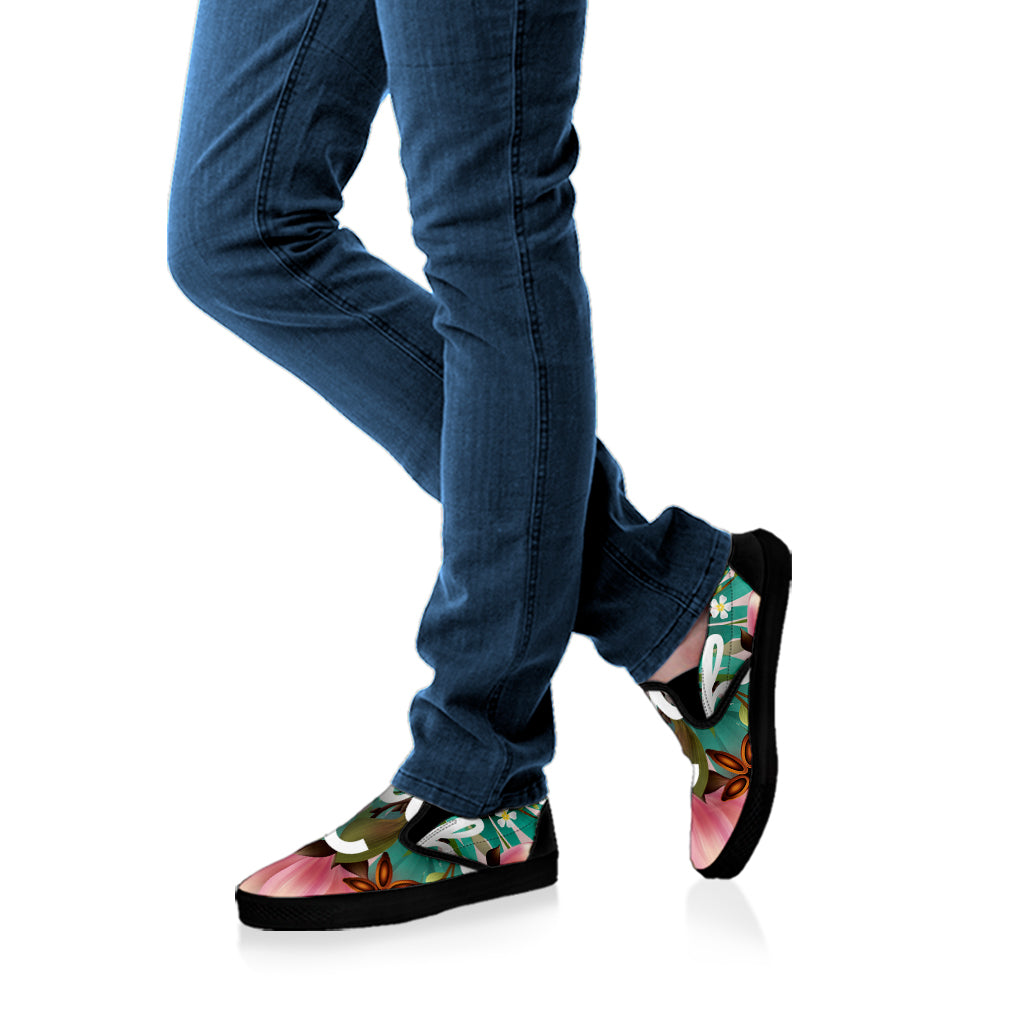 Hawaiian Flower Aloha Print Black Slip On Shoes