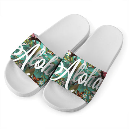 Hawaiian Flower Aloha Print White Slide Sandals