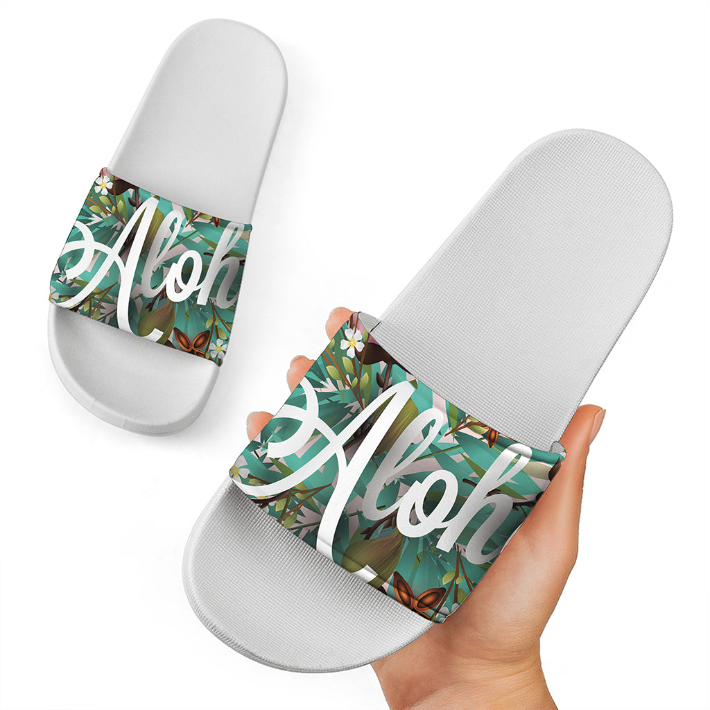 Hawaiian Flower Aloha Print White Slide Sandals