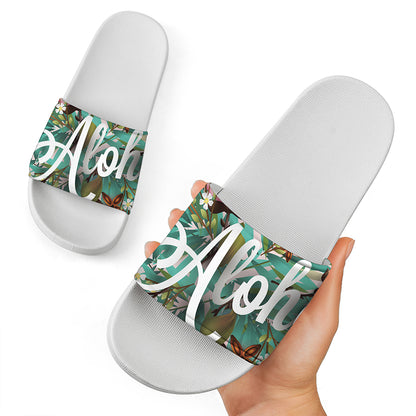 Hawaiian Flower Aloha Print White Slide Sandals