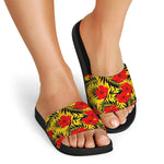 Hawaiian Hibiscus Flowers Pattern Print Black Slide Sandals