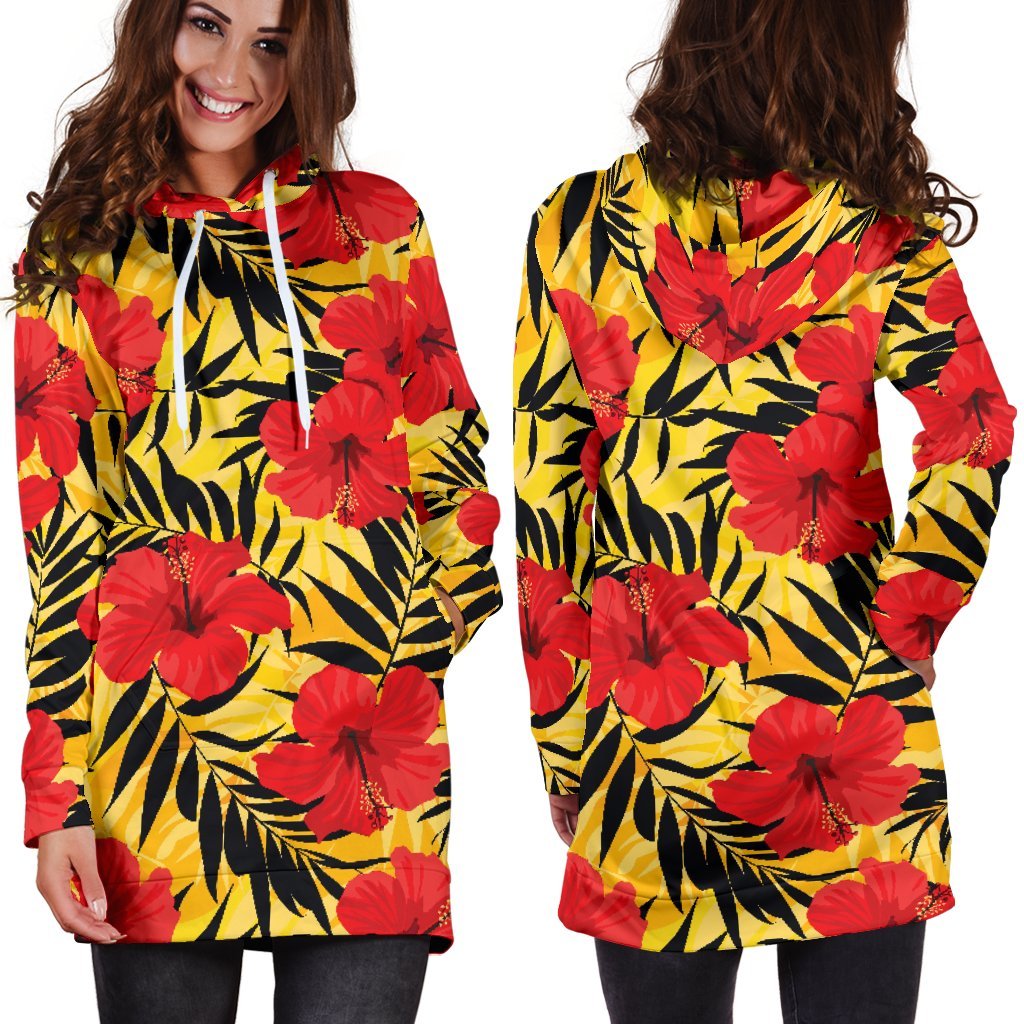 Hawaiian Hibiscus Flowers Pattern Print Hoodie Dress GearFrost