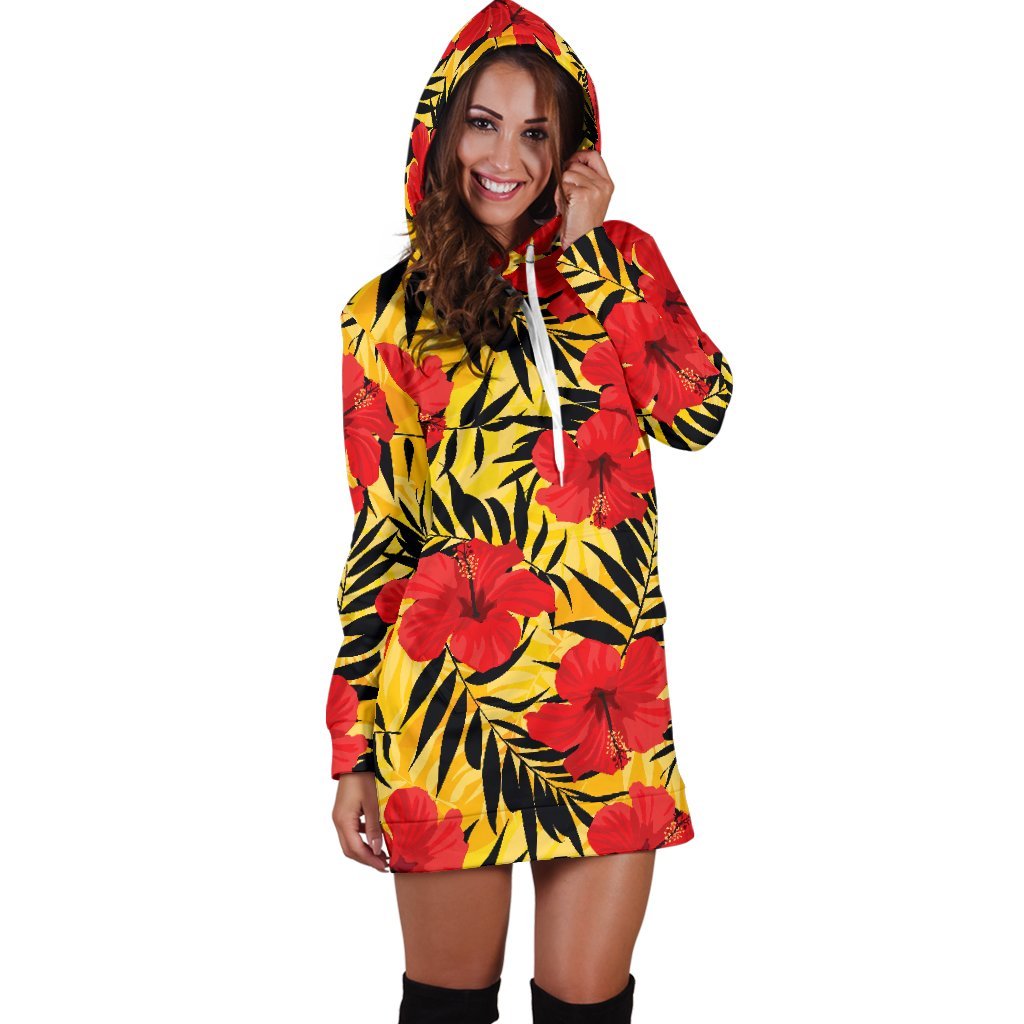 Hawaiian Hibiscus Flowers Pattern Print Hoodie Dress GearFrost