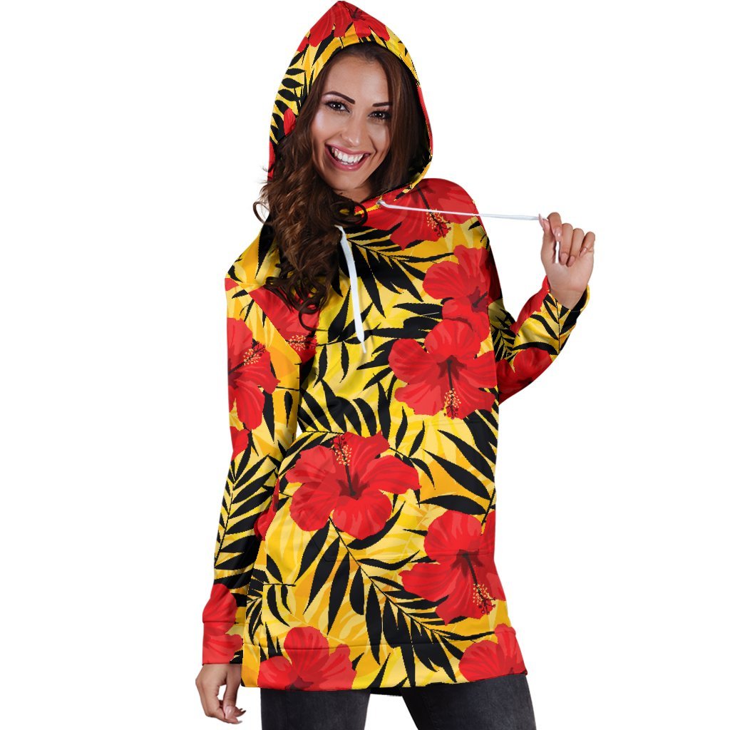 Hawaiian Hibiscus Flowers Pattern Print Hoodie Dress GearFrost