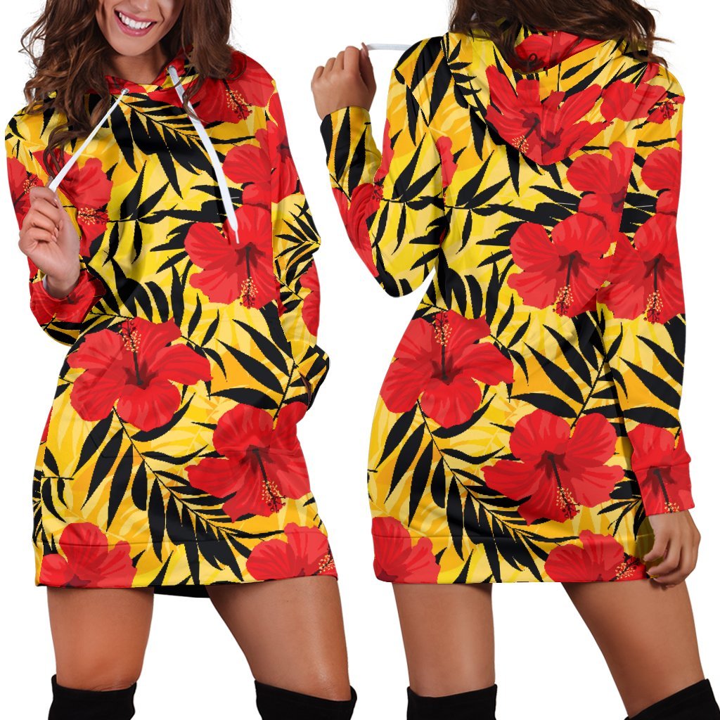 Hawaiian Hibiscus Flowers Pattern Print Hoodie Dress GearFrost