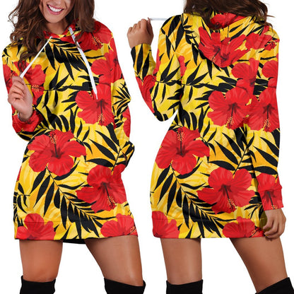 Hawaiian Hibiscus Flowers Pattern Print Hoodie Dress GearFrost