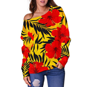 Hawaiian Hibiscus Flowers Pattern Print Off Shoulder Sweatshirt GearFrost