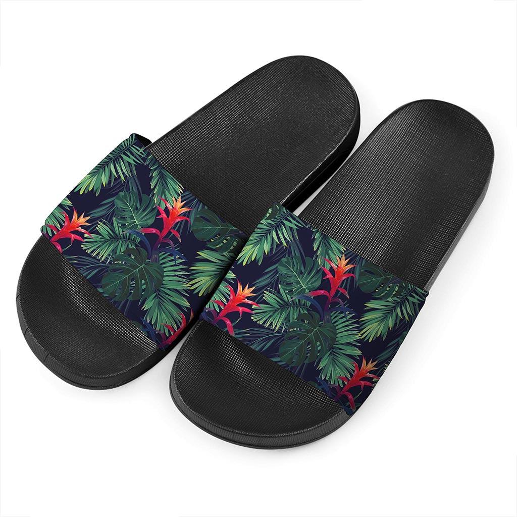 Hawaiian Palm Leaves Pattern Print Black Slide Sandals