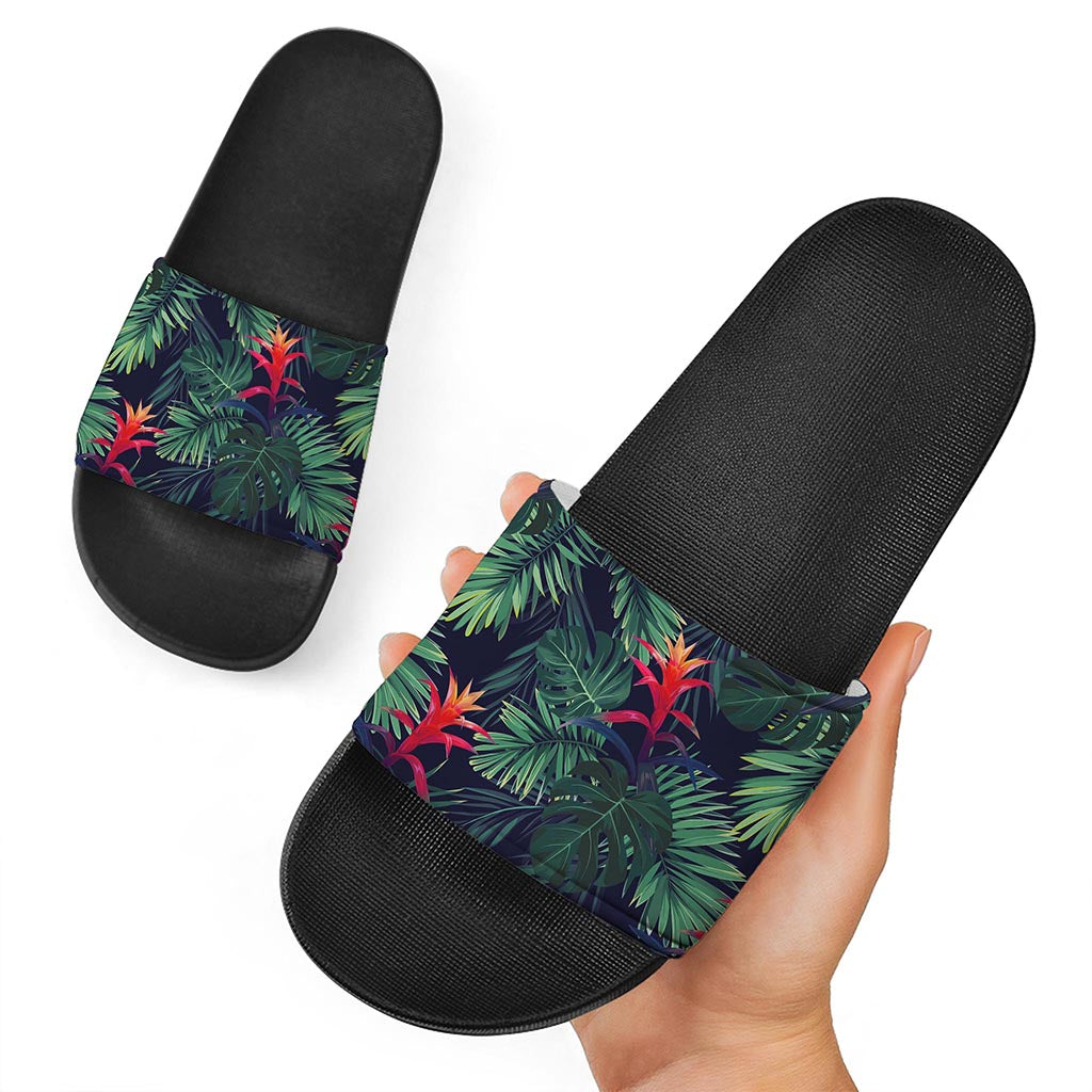 Hawaiian Palm Leaves Pattern Print Black Slide Sandals