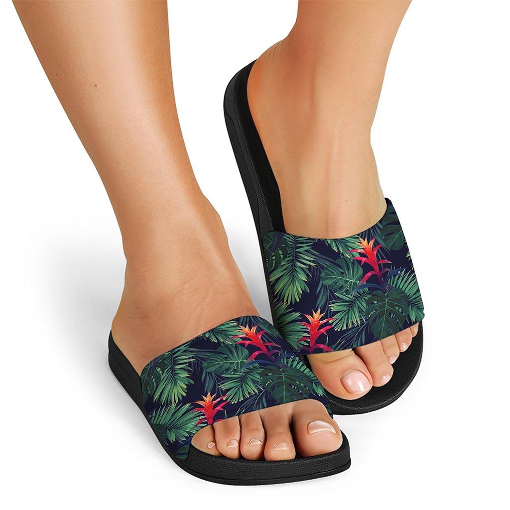 Hawaiian Palm Leaves Pattern Print Black Slide Sandals