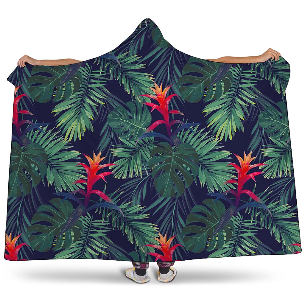 Hawaiian Palm Leaves Pattern Print Hooded Blanket