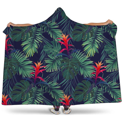 Hawaiian Palm Leaves Pattern Print Hooded Blanket