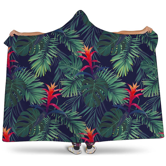 Hawaiian Palm Leaves Pattern Print Hooded Blanket