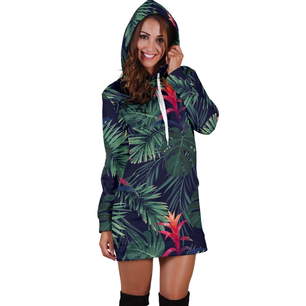 Hawaiian Palm Leaves Pattern Print Hoodie Dress GearFrost