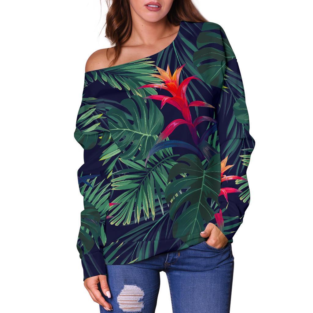 Hawaiian Palm Leaves Pattern Print Off Shoulder Sweatshirt GearFrost