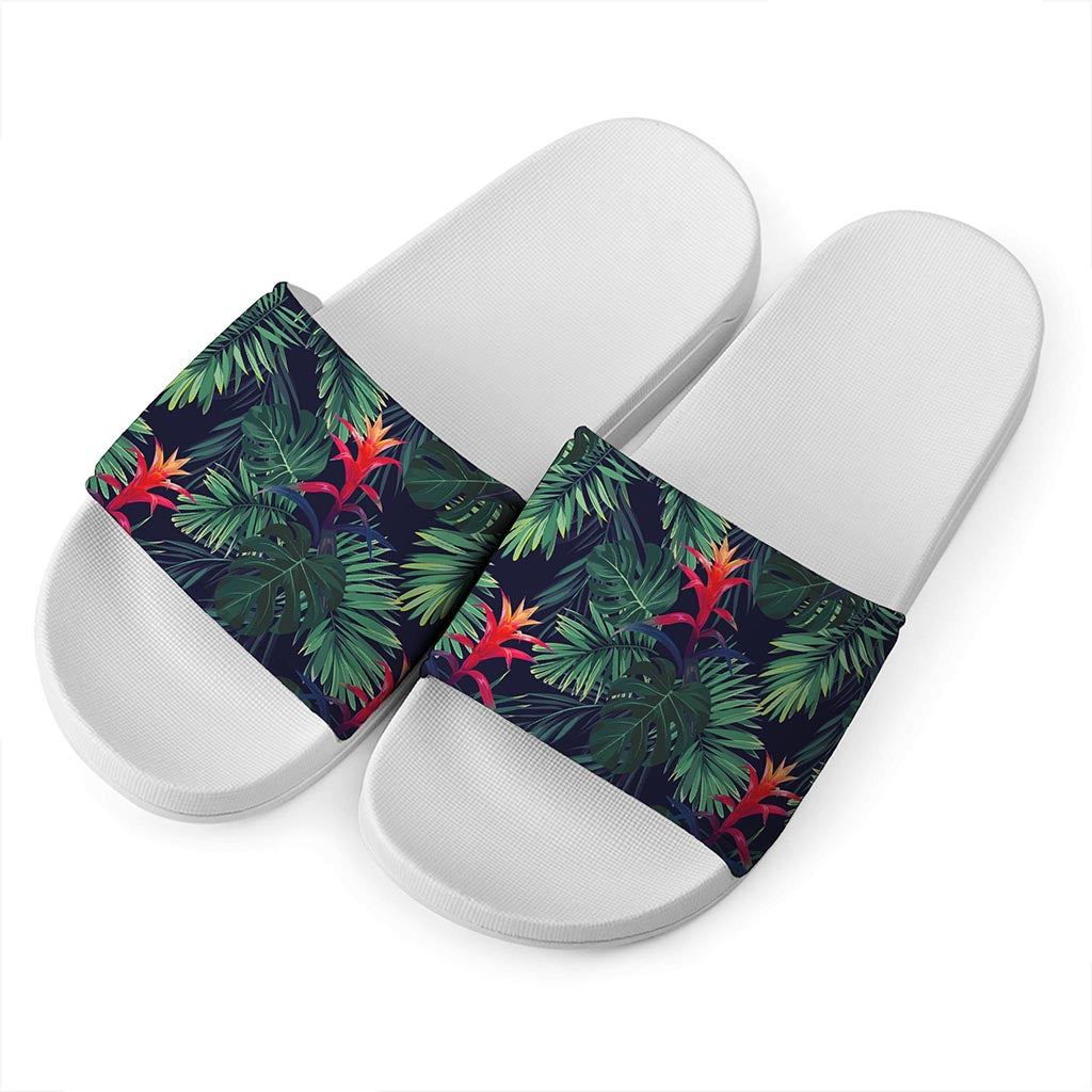 Hawaiian Palm Leaves Pattern Print White Slide Sandals