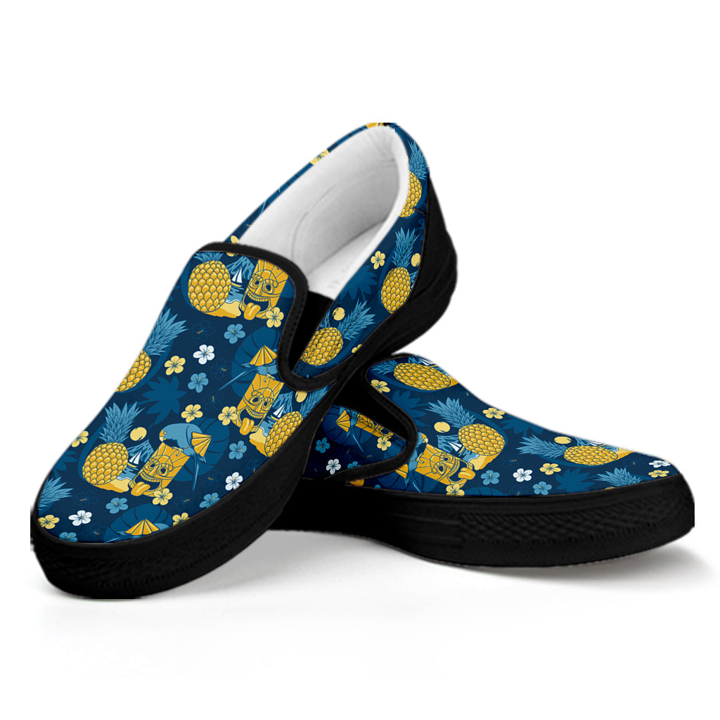 Hawaiian Tiki Pattern Print Black Slip On Shoes