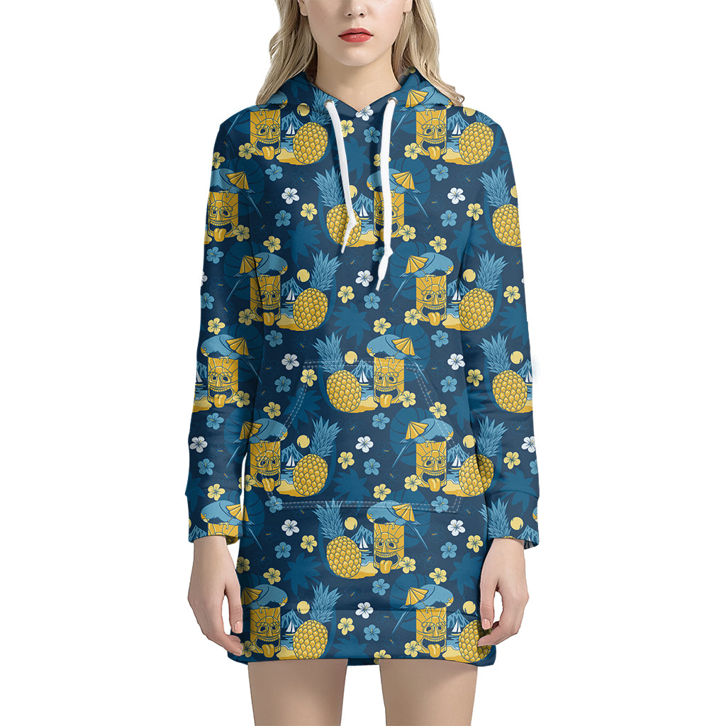 Hawaiian Tiki Pattern Print Hoodie Dress